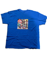 a blue t - shirt with a picture of a man riding a bike